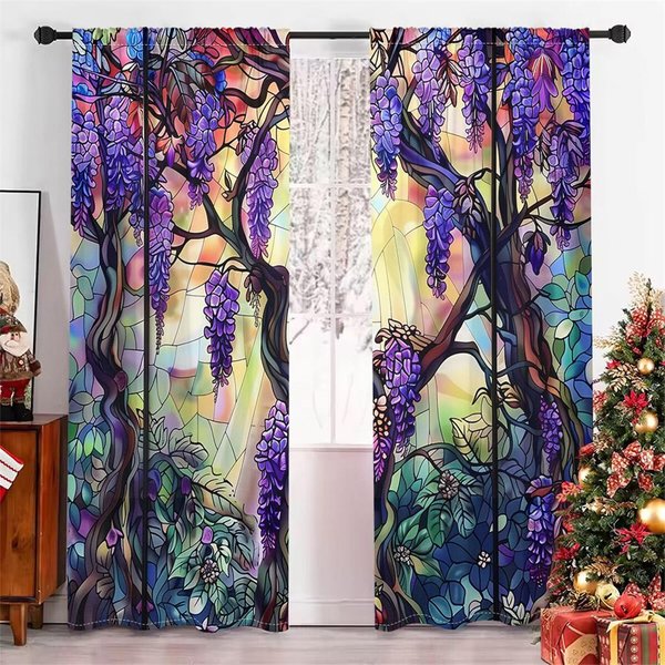 Cortinas De Flores De Glicina Con Textura De Vidrio Rojo Verde Azul JardíN Abstracto Sala De Estar Dormitorio DecoracióN De Ventana Cortinas 2 Paneles 50W130H(Cm)X2Pcs&Rod Pocket-image