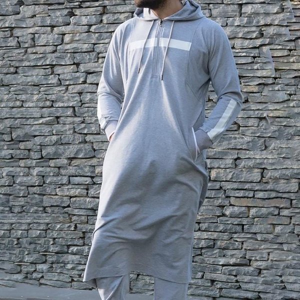 Tops Para Hombre MusulmáN Medio Oriente IsláMico ÁRabe Ropa Suelta Rayada Manga Larga CordóN Bolsillos Largo Completo Bata Con Capucha Xxxl Gris-image