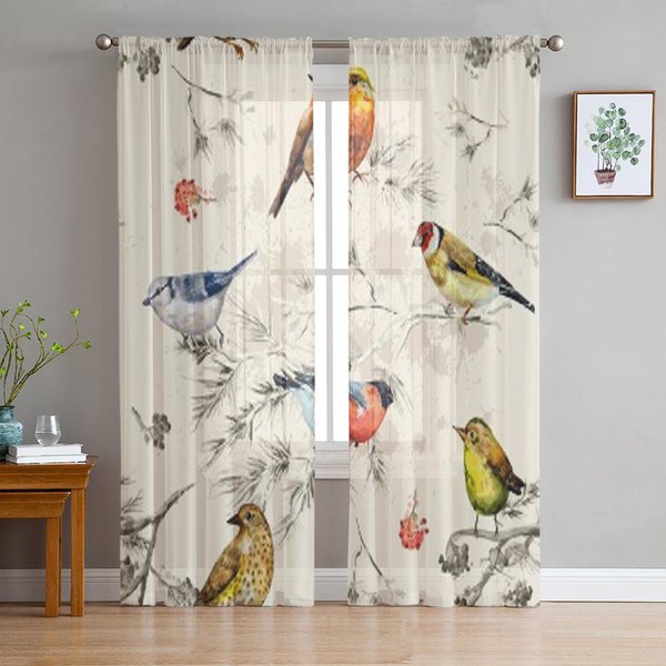 Cortinas TraslúCidas Vintage De PáJaros Para Sala De Estar Tratamientos Transparentes De Tul Para Ventanas Dormitorio Cocina DecoracióN Del Hogar Velos Cortinas 135W X 137H(Cm)-image