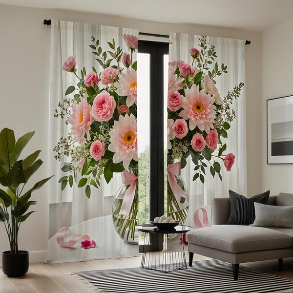 2 Piezas HD JarróN Ramo De Rosas Cortina Decorativa Rosa Lazo Cortina Estampada Digitalmente Estilo DecoracióN Del Hogar Decorativo Sala De Estar W52H63Inchw132H160Cm-image
