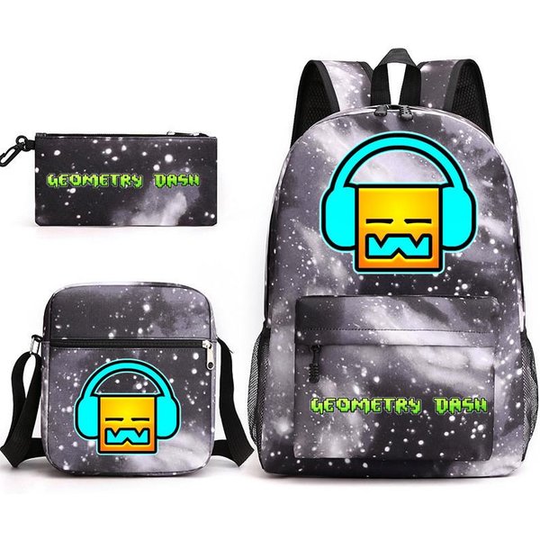 Geometryczna Geometrydash TrzyczęśCiowy Tornister Szkolny Dla UcznióW PłCi MęSkiej I ŻEńSkiej Campus PióRnik Torba PłóCienna Three-Piece Set (Backpack + Satchel + Pencil Case)-image