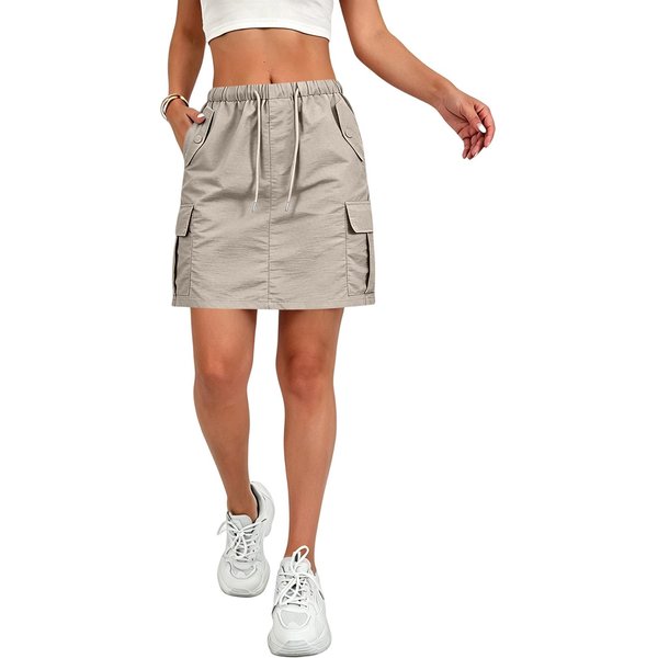 Mini Falda Cargo Casual Para Mujer Con Cintura De CordóN, Bolsillos, Corte Relajado, DiseñO Liso, Estilo Utility Para El Uso Diario XXL Caqui-image