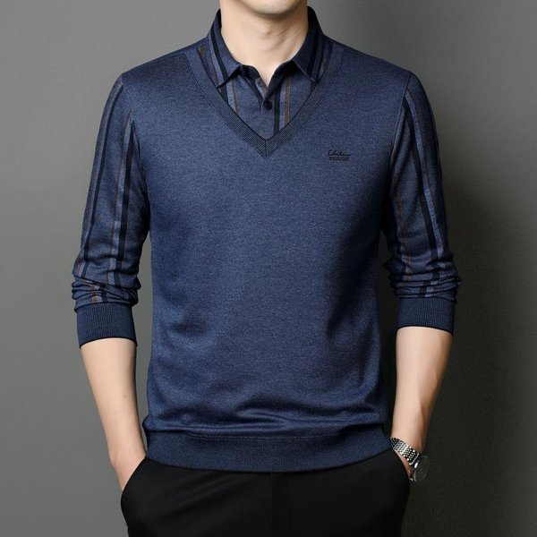 SuéTer Para Hombre Falso De Dos Piezas OtoñO Nuevo SuéTer Con Cuello De Camisa Casual Para Hombre Mediana Edad Moda Simple Jersey 3XL Blue-image