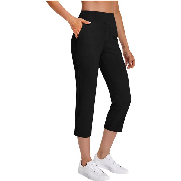 Pantalones Capri Para Mujer Cintura Alta Cintura EláStica Pantalones Acortados EláSticos Con Bolsillos Para Uso Casual Diario M Negro-image