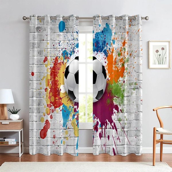 Cortinas Con Estampado De FúTbol Color Acuarela Deportes NiñO HabitacióN Infantil Sala De Estar Cocina DecoracióN Cortinas De Ventana Se Pueden Personalizar (W50H130Cm)-2Pcs&Grommet Top-image