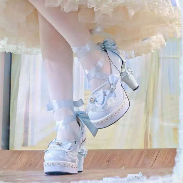Buty Lolita Damskie Szpilki SłOdkie JapońSki Styl Kok Pu SkóRa Buty Damskie Strass Cosplay Buty 34 Niebieski-image