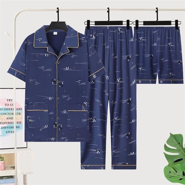 Pijamas Para Hombre, Ropa De Casa, Tres Piezas, AlgodóN, Primavera Y Verano, Manga Corta, Pantalones Cortos, Pijamas Ligeros, Conjunto De Ropa De Casa. XL Blue-image