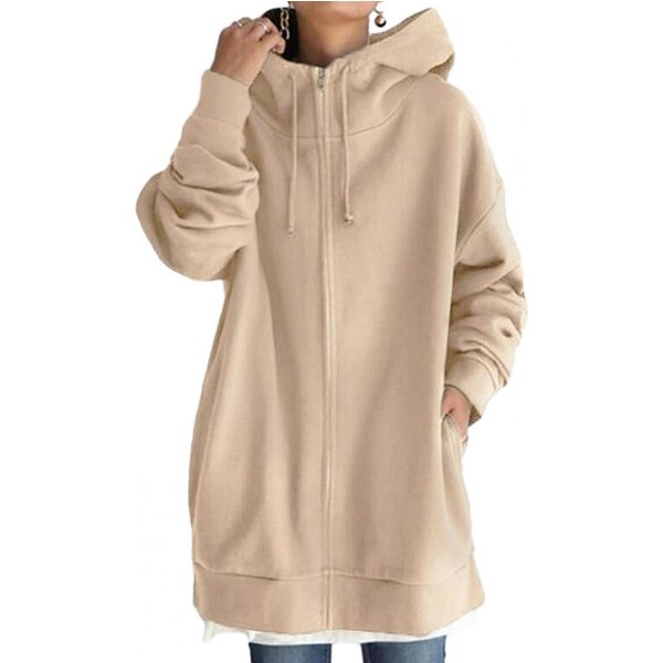 Damski DłUgi Bluza Z Kapturem Na Zamek Z Sznurkiem Tunika Bluza Jednolity Kolor Otwarty Kardigan Jesień Zima Z Kapturem Pulower Praktyczne Zastosowanie L-image