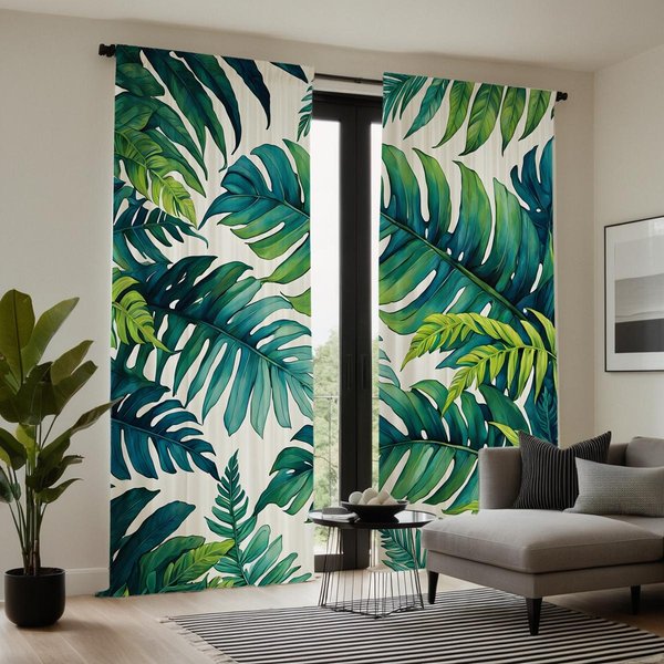 2 Piezas Con Cortina Decorativa De Hojas De Plantas Tropicales NóRdicas HD Verde Lazo Cortina Estampada Digitalmente Estilo De DecoracióN Del Hogar Decorat W52H63Inchw132H160Cm-image