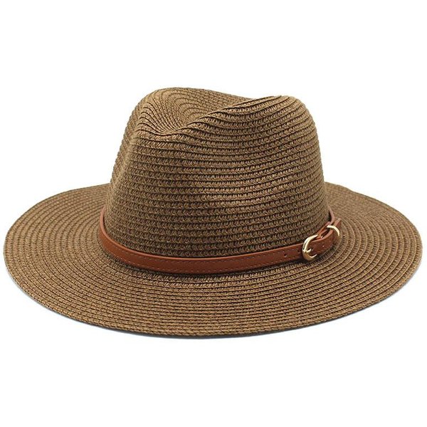 56-58CM Nuevo Sombrero De Paja Natural Panamá De Forma Suave Verano Mujeres/Hombres Ala Ancha Gorra De Sol De Playa ProteccióN UV Sombrero Fedora Brown-image