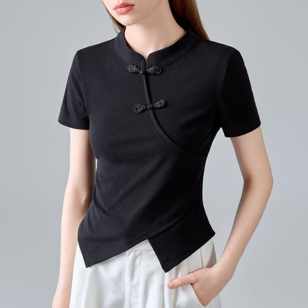 Nueva Camiseta China De Manga Corta Para Mujer, Estilo Nuevo De Verano, Camiseta De Estilo Chino Con Cuello Alto Y Botones Con Parte Superior Que Se Quita La Cintura Irregular 2XL Negro-image