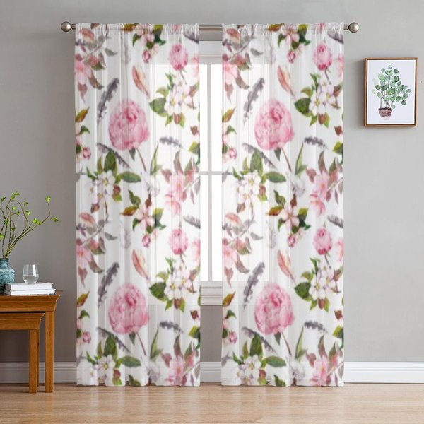 Cortinas De Tul Rosa Floral Transparente Para Ventana Para Sala De Estar El Dormitorio Modernas De Gasa Voile Organza DecoracióN Cortinas 135W X 114H(Cm) White-image