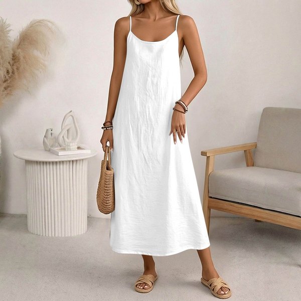 Vestido Casual Suelto Sin Mangas De AlgodóN Y Lino Para Mujer L Blanco-image