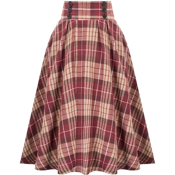 Falda Midi Informal Para Mujer, Faldas Acampanadas Plisadas De Cintura Alta EláStica Con Botones Vintage L Beige-image