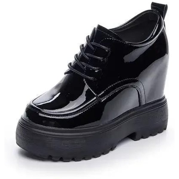 11Cm Krowia SkóRa Naturalna Platforma Koturn Brytyjskie Damskie Buty Wiosna Jesień Wsuwane Ukryty Obcas Damskie Casualowe Grube Sneakersy 40 Czarny-image