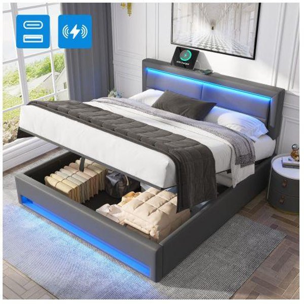 Cama Tapizada - Muvoe - 140 X 200 Cm - USB - IluminacióN LED - Almacenamiento Integrado-image