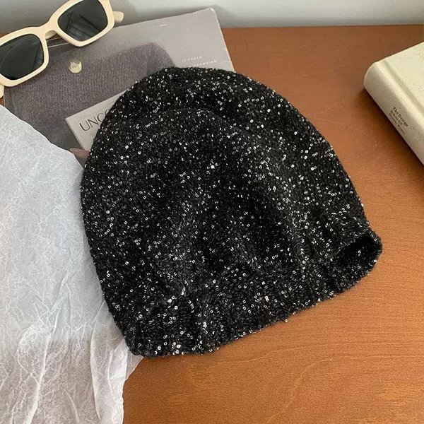 Gorro FríO Coreano OtoñO E Invierno Estilo PequeñO Aroma Lentejuelas Gorro De Punto Mostrando Cara PequeñO Bolso De Moda Gorro De Cabeza One Size Black-image