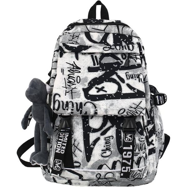 Mochila Escolar De Moda Para Hombres Y Mujeres, Mochila Con Grafiti, Mochila Para Estudiantes De Gran Capacidad Blanco-image