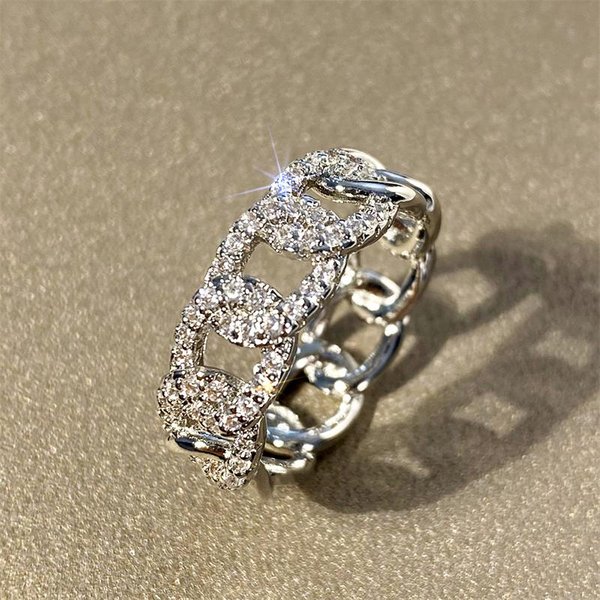 Anillos De Dedo Huitan Con DiseñO De Cadena Para Mujer Completos Con Deslumbrante Circonita CúBica DeclaracióN Accesorios De Boda Femeninos JoyeríA 8 Gray-image