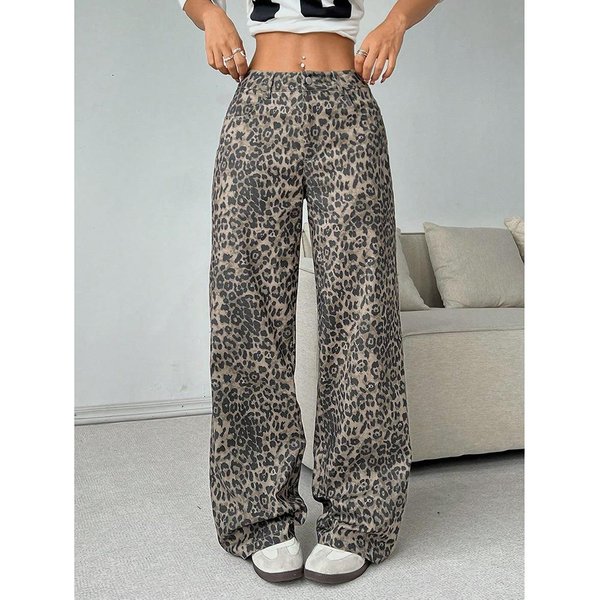Retro Spodnie Casualowe Z Nadrukiem Panterki Dla Kobiet Z High Street Proste LuźNe LuźNe ModelująCe Szerokie Nogawki Spodnie Z Wisiorkiem 3XL Gray-image