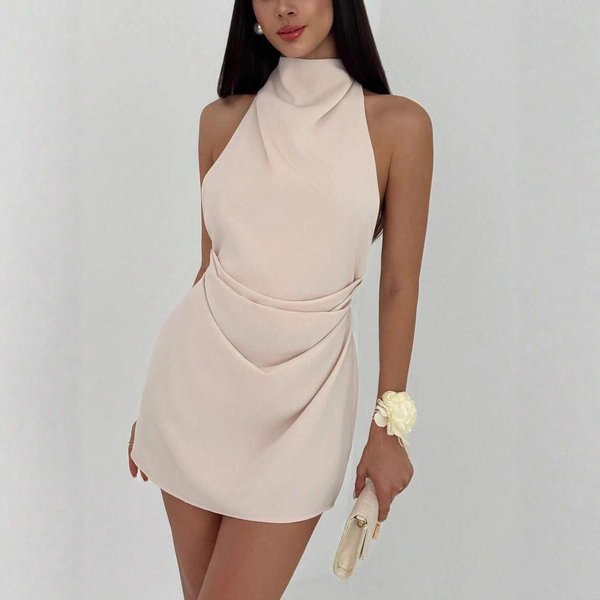 Damska Satynowa Mini Sukienka Z Dekoltem Halter Bez PlecóW Drapowany W Talii Bez RęKawóW Elegancka Na PrzyjęCie Koktajlowe WieczóR Klubowa KróTka Sukienka 4 Kolory L-image
