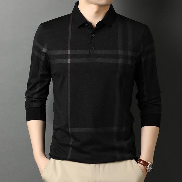 Primavera Y OtoñO Nuevo Estilo Moda Para Mediana Edad Estilo Coreano Suelto Solapa Camisa Polo Tops Casuales Para Hombres Camisetas De Manga Larga Para Hombre Xxxl Black-image