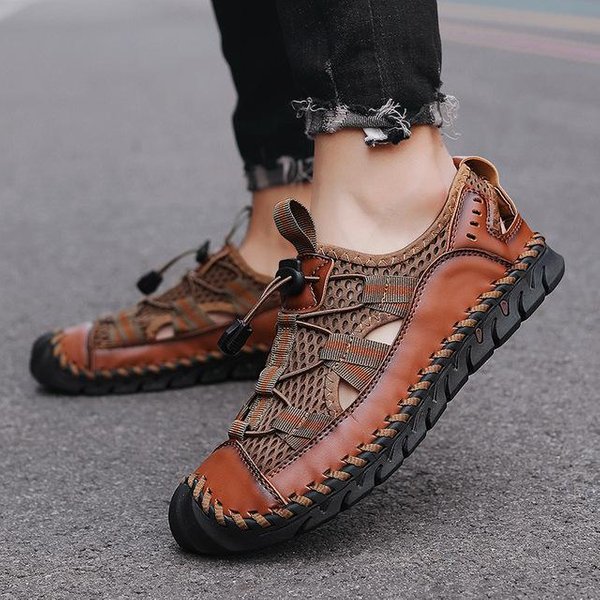 Nuevas Sandalias Para Hombre Verano Transpirables Malla Sandalias Hombre Exterior Casual Ligeras Playa Sandalias Hechas A Mano Zapatos De Hombre Cuero Genuino 40 MarróN-image