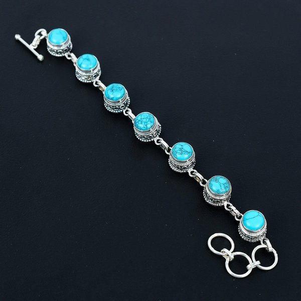 Pulsera De Turquesa Natural Pulsera De Plata De Ley 925 Pulsera De Cadena Ajustable Pulsera Boho Hecha A Mano JoyeríA De Piedra Preciosa De Turquesa Regalos De Compromiso 8" Azul-image