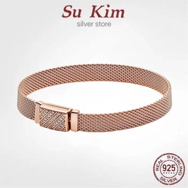 Pulsera Pandora Original De Lujo Plata De Ley 100 % 925 Para Mujer Cadena De Serpiente Brazalete Charm AutéNtico Alta Calidad JoyeríA DIY 16Cm Beige-image
