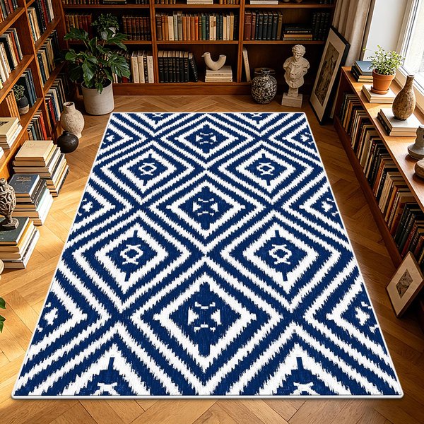 Niebiesko-BiałY Geometryczny Dywan Boho Plemienny Do Salonu DużY Dywan MięKki AntypośLizgowy Zmywalny Dekoracja Sypialni łAtwy W Czyszczeniu Maty PodłOgowe 1.9X2.9Ft(60X90Cm) Blue-image