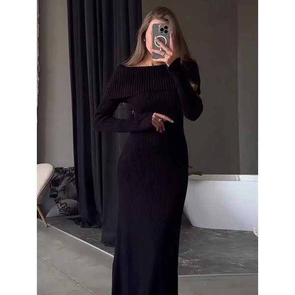 Damska Dzianinowa Sukienka Maxi Modna DłUga Dzianinowa Sukienka OdkrywająCa Ramiona Damska PrążKowana LuźNa Z Wysokim Stanem Elegancka Jesienna Sukienka Na Imprezę S Black-image