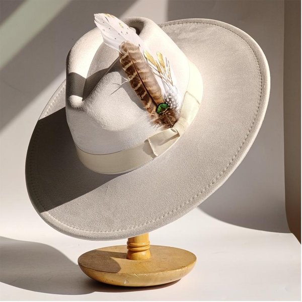 Mocha Pierzasty Zamszowy Cylinder SzerokobrzeżNy Kapelusz Fedora MężCzyźNi Kobiety Jesień Zamszowy Kapelusz Zima Filcowy Kapelusze Jazzowe Fedora Sombrero Kobieta 55 -58Cm White-image