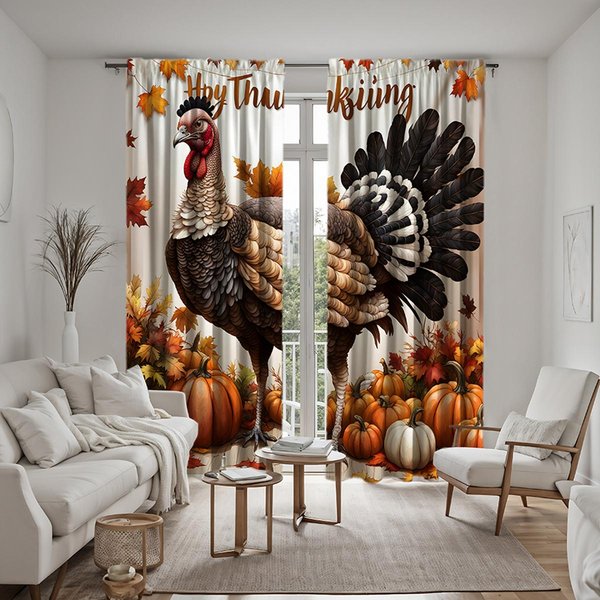 Juego De 2 Piezas Cortina Decorativa De AccióN De Gracias HD Pavo Calabaza Hoja De Arce Cortina Amarilla Con Lazo Estampada Digitalmente DecoracióN Para El Hogar Estil W52H63Inchw132H160Cm Black-image