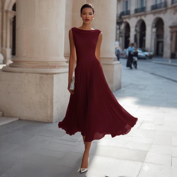 Vestido Midi Liso Sin Mangas Con Cuello Drapeado Para Mujer, Elegante, Fluido, LíNea A, Ligero, Vestido De Verano Para Vacaciones Para Damas S Vino-image