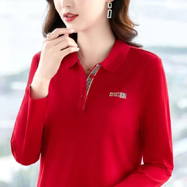 Camiseta De Manga Larga Con Cuello Polo Para Mujer, Estilo Nuevo, Primavera Y OtoñO, Deportiva, Holgada, Talla Grande, Solapa, Top Para Mujer, Camiseta BáSica 4XL Black-image