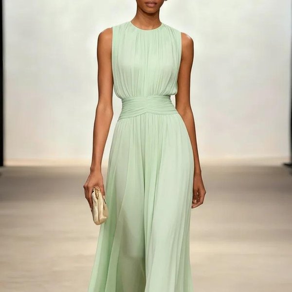 Vestido Maxi Sin Mangas Para Mujer Con Cuello Redondo, Cintura Fruncida, Color SóLido, Fluido, LíNea A, Largo L Verde Claro-image
