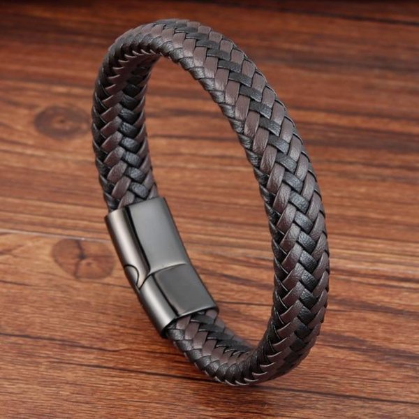 Pulsera De Cuerda De Cuero Trenzada Roja Para Hombre, Brazalete Con Hebilla MagnéTica Negra, Estilo Punk 20.5Cm-image