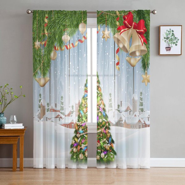 Cortinas De Tul Con DiseñO De MuñEco De Nieve NavideñO Para Sala De Estar, Dormitorio, Gasa Transparente, Cortina De Gasa Transparente Para Ventana W50H130(Cm)X2Pcs&Grommet Top-image