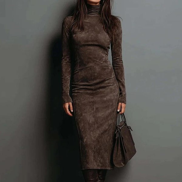 Kobiety Elegancka Sukienka Party O Dopasowanym Kroju Z DłUgim RęKawem Jesienna Patchworkowa Vintage Prosta Sukienka Maxi Golf Casualowa Sukienka Damska XL Kawowy-image