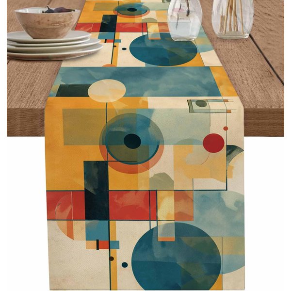 Pintura Al ÓLeo Vintage Arte Abstracto Camino De Mesa De Lino Azul Amarillo GeoméTrico PañUelo Para CóModa DecoracióN De Mesa Boda Comedor Fiesta DecoracióN 150X33Cm-image