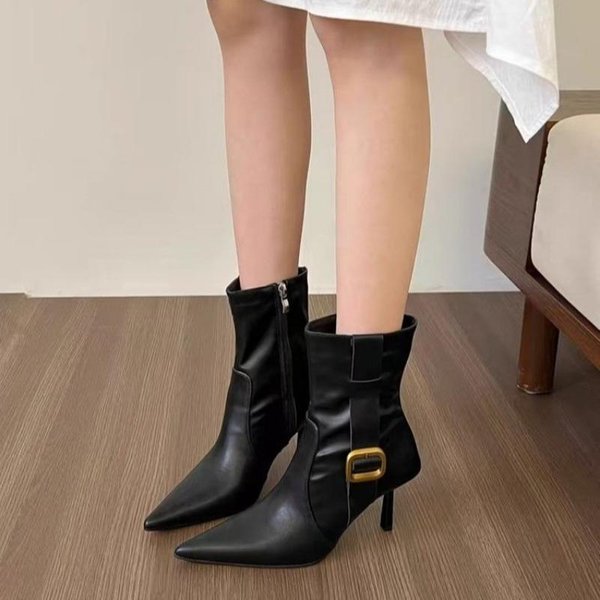 Buty Damskie Kostka Botki Damskie Eleganckie Nowoczesne Buty Damskie Szpiczasty Nosek Szycie Boczny Zamek Wysoki Cienki Obcas Buty Z Klamrą Damskie 40 Black-image