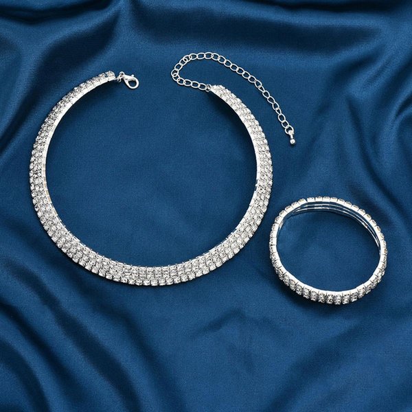 Metal Diamante Completo Brillante Collar Pulsera Moda Lujo Ligero Tres Filas Hecho A Mano Cuerda Diamante Collar Cadena ClavíCula Cadena Cuello Femenino Blue-image