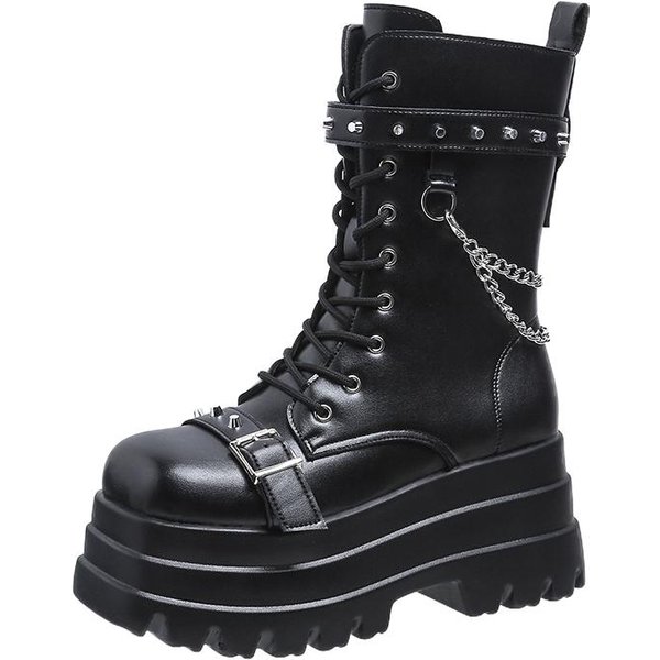 8.5CM Nowe Czarne Damskie Botki W Stylu Punk Koturny Platforma Metalowa Klamra Botki Do PołOwy ŁYdki Buty Kobieta Gotyckie Botki Rozmiar 42 41 Czarny-image