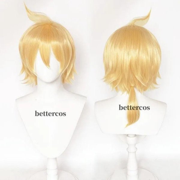 Wysokiej JakośCi Peruka Cosplay Rin Len KróTka Blond Odporna Na CiepłO Syntetyczne WłOsy Peruki Cosplay Anime + ŚLedzenie + Czepek Pod Perukę One Size Beige-image