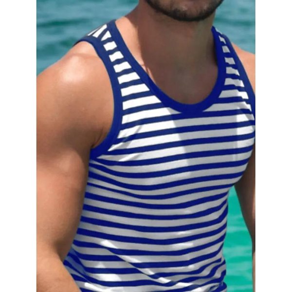 Verano Cuello Redondo 3D DiseñO MíNimamente Rayado PatróN Estampado Top Moda Casual Playa Hawaiana Chaleco Sin Mangas Camisetas Para Hombre M-image