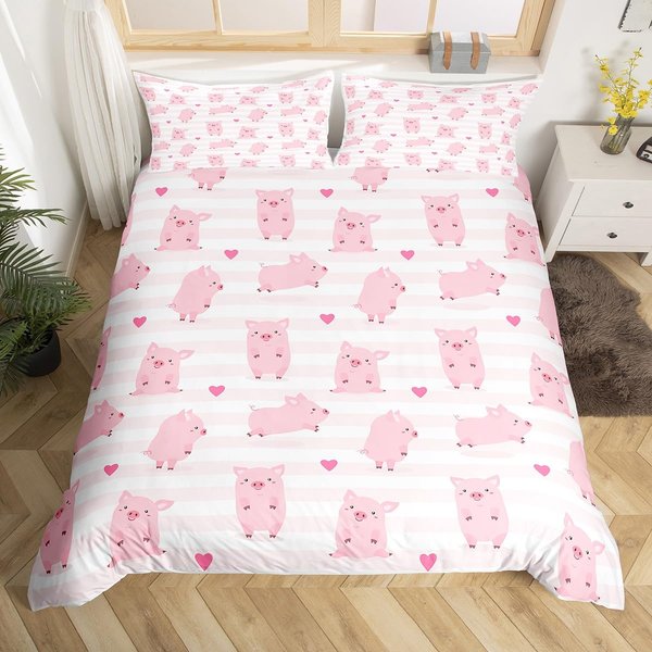 Juego De Cama Cerdo Rosa King Queen Cerdo Durmiendo Funda NóRdica Para NiñOs NiñOs NiñAs Animales Kawaii Funda De EdredóN Con 2 Fundas De Almohada EU Single(135X200Cm)-image