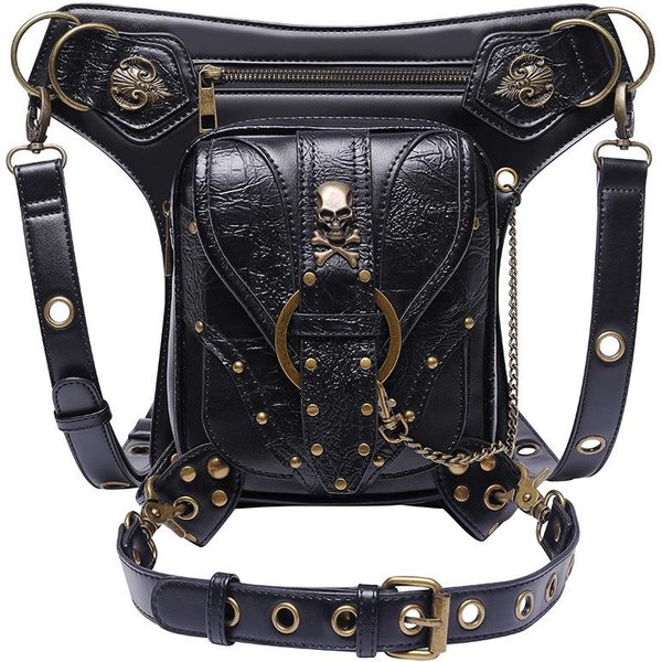 Bolso De Mujer, Estilo Punk Europeo Y Americano, Bolso De Moto Con Calavera Para Exteriores, Bandolera De Un Solo Hombro, RiñOnera Retro Para MóVil. Negro-image
