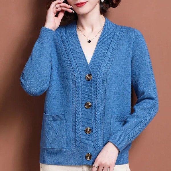 Damski Jesienny Oversize Kardigan Sweter Z Dzianiny Z Dekoltem W Serek, Z ZapięCiem Na Guziki I Kieszeniami L Niebieski-image