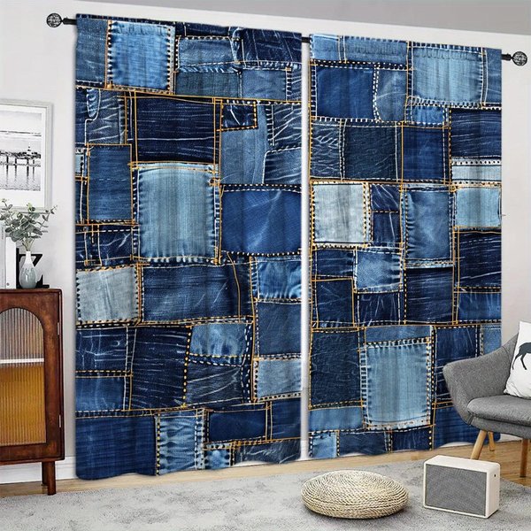 DżInsowa ZasłOna Patchworkowa Z Nadrukiem Do Dekoracji Domu - Kieszeń Na Karnisz, Dekoracja Okienna Do Sypialni, Kuchni, Salonu 52.5Cmx116Cm X 2Pcs Gray-image