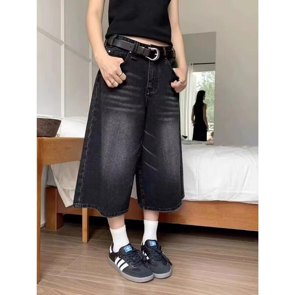 Damskie Szorty Jeansowe Z Wysokim Stanem - Jednolity Kolor, LuźNy KróJ, Szerokie Nogawki, śRedniej DłUgośCi, Rozmiar L 3XL Gray-image